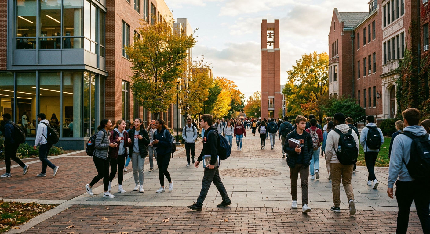 Students walking along a brick campus path toward the Bell Tower on an autumn afternoon